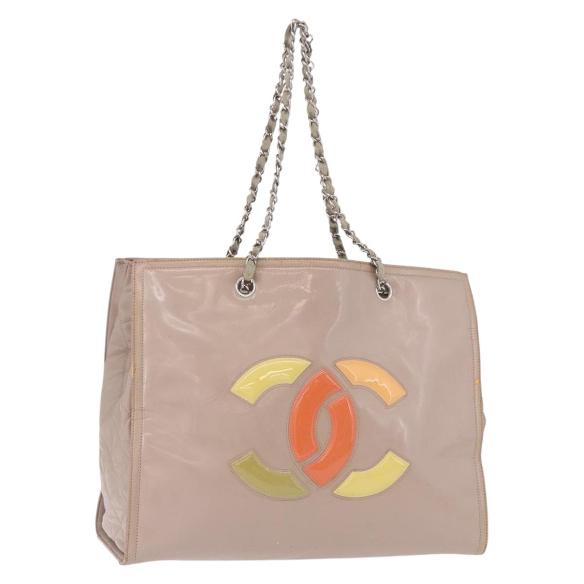CHANEL Chain Tote Bag Patent leather Beige CC Auth EC956