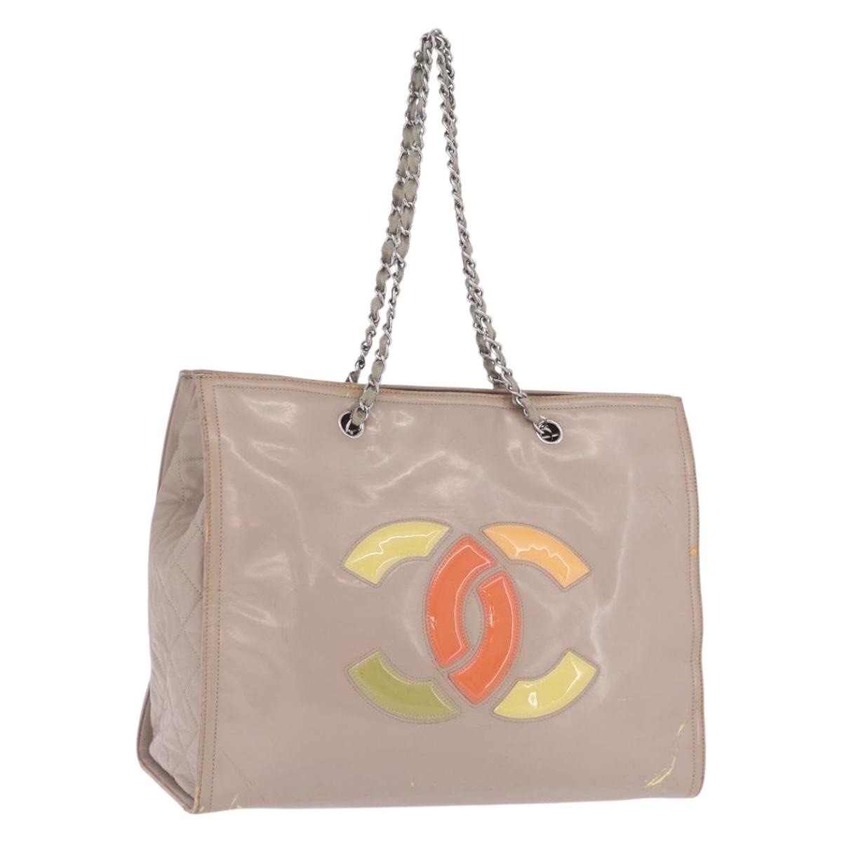 CHANEL Chain Tote Bag Patent leather Beige CC Auth EC956