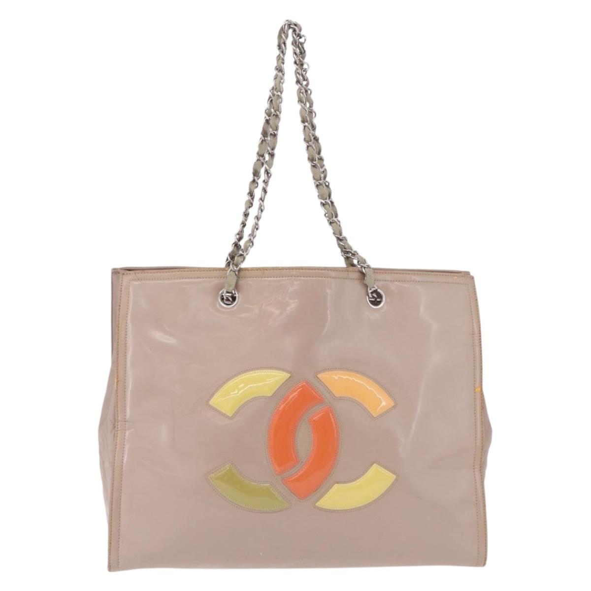 CHANEL Chain Tote Bag Patent leather Beige CC Auth EC956