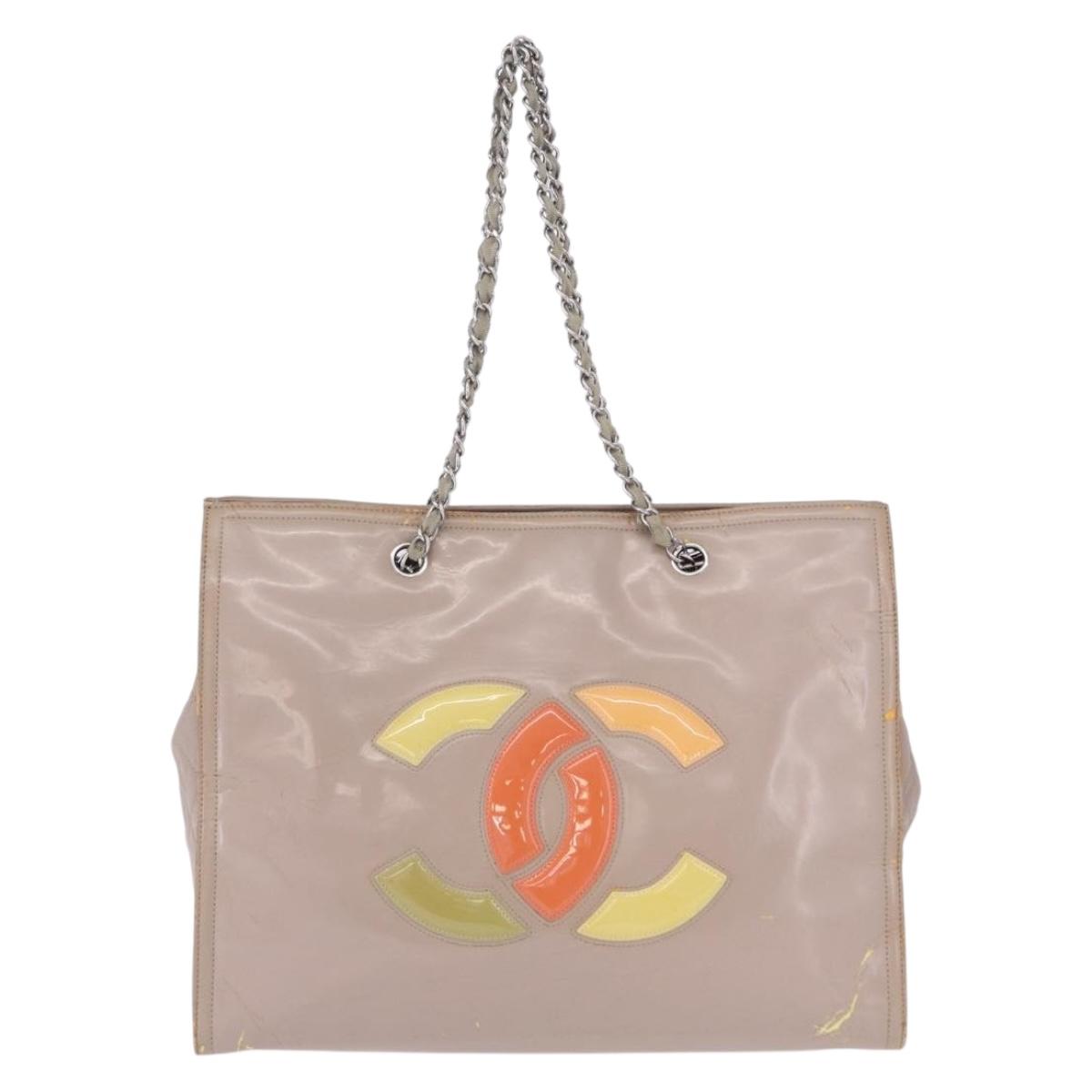 CHANEL Chain Tote Bag Patent leather Beige CC Auth EC956