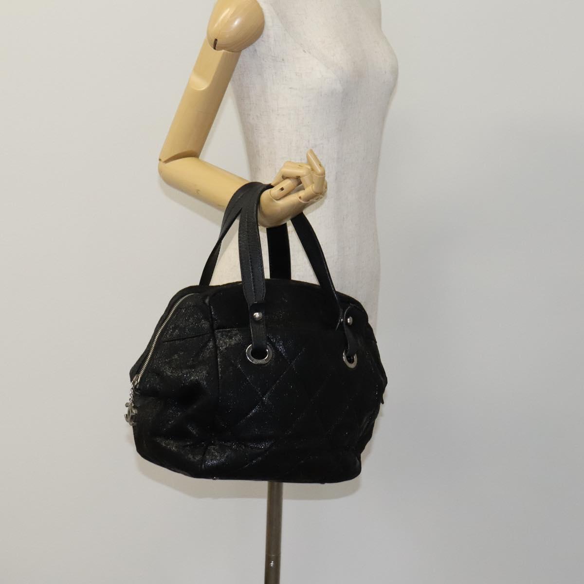 CHANEL Paris Biarritz PM Hand Bag Coated Canvas Black CC Auth EC957