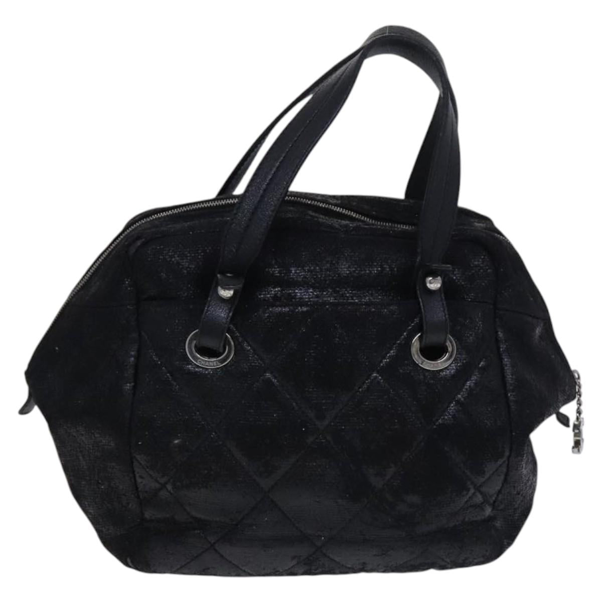 CHANEL Paris Biarritz PM Hand Bag Coated Canvas Black CC Auth EC957