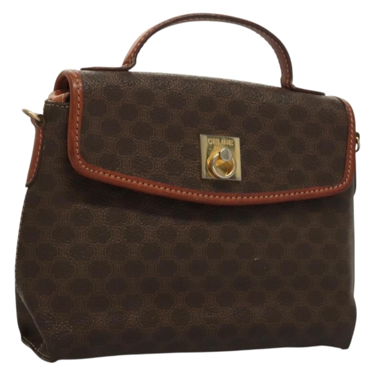 CELINE Macadam Canvas Hand Bag PVC Leather Brown Gold Auth ep10012