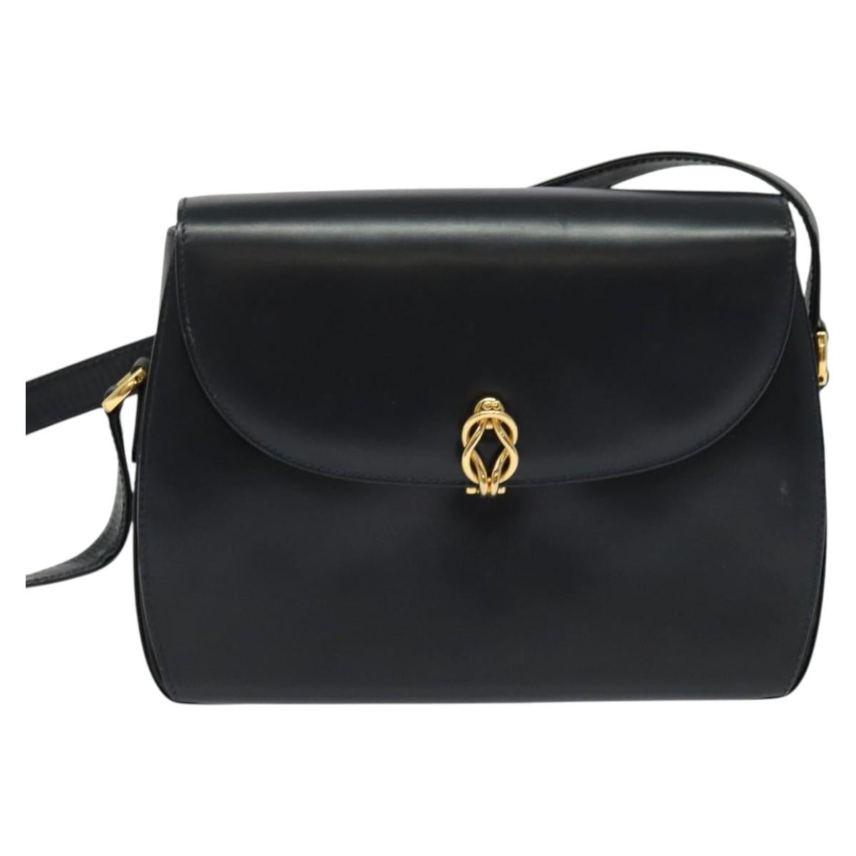 GUCCI Shoulder Bag Leather Navy Gold Auth ep10015
