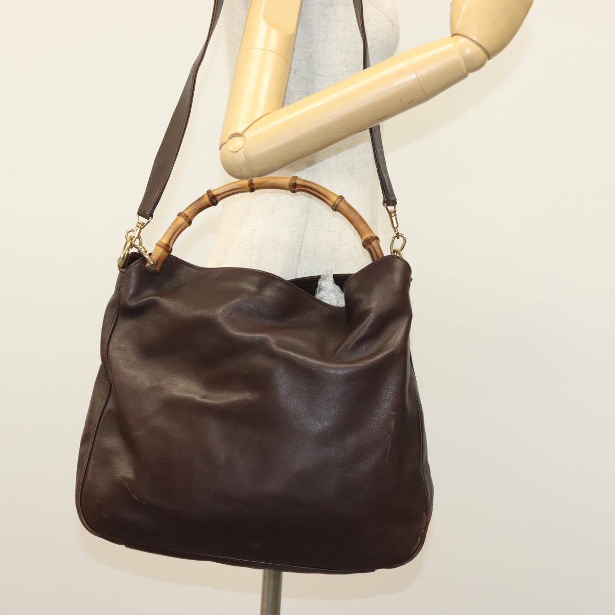 GUCCI Bamboo Hand Bag Leather 2way Gold Black 001 2123 1577 Auth ep10149
