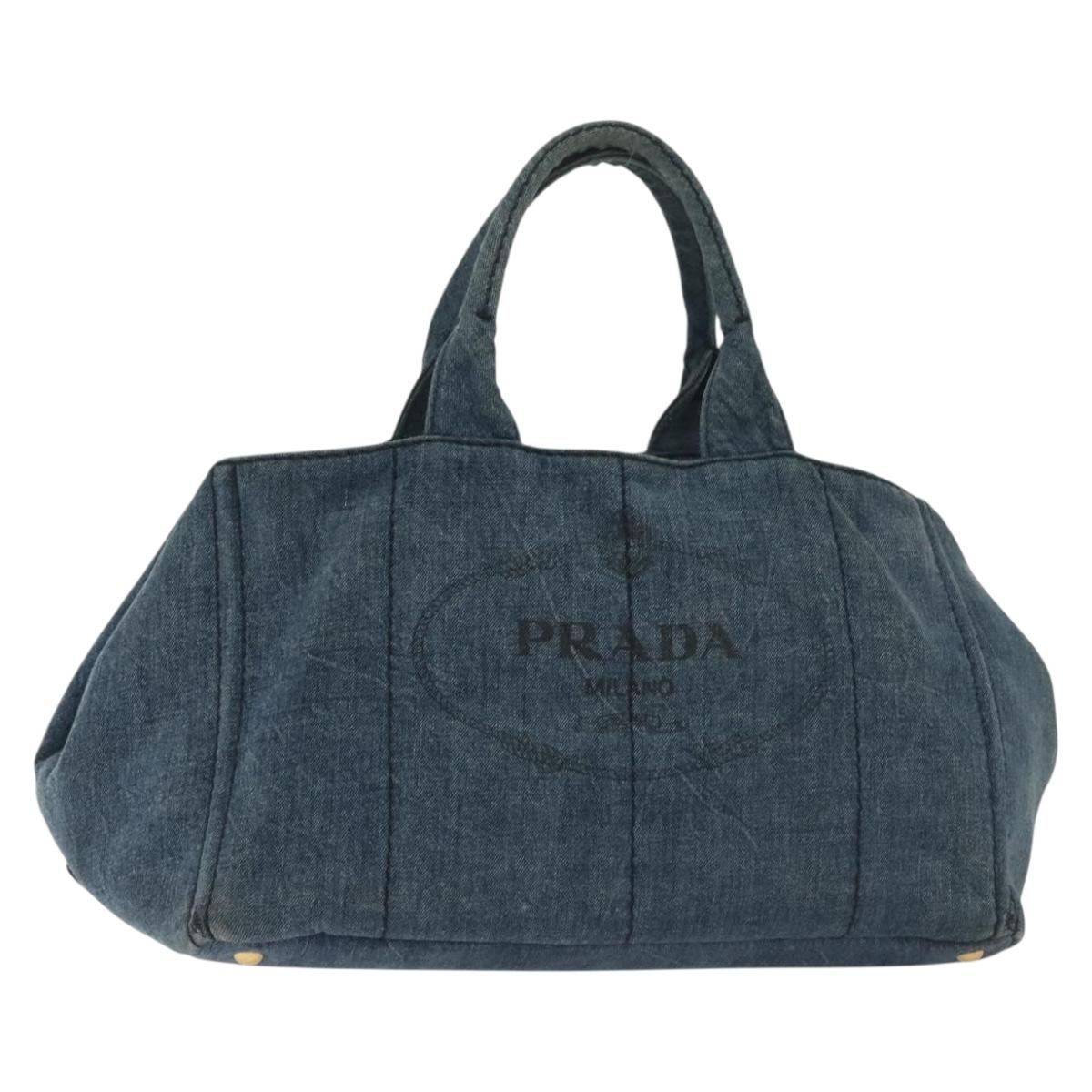 PRADA Canapa GM Hand Bag Denim Blue Gold Auth ep10187
