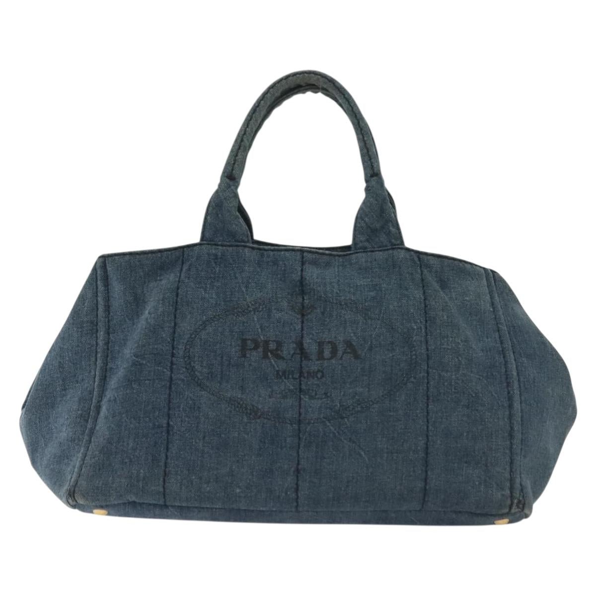 PRADA Canapa GM Hand Bag Denim Blue Gold Auth ep10187