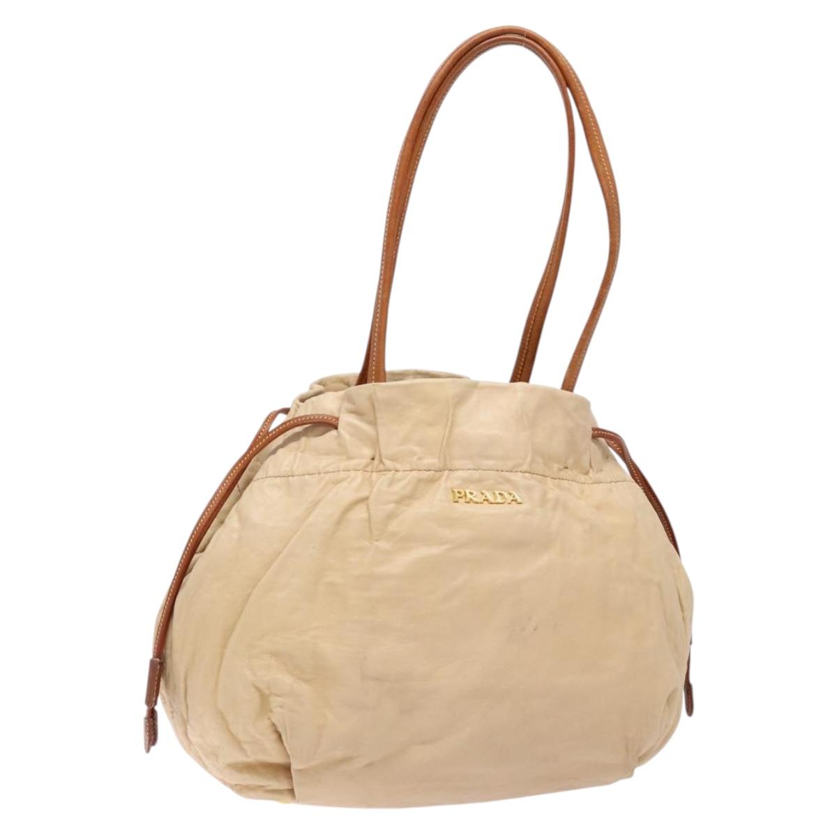 PRADA Tote Bag Leather Beige Gold Auth ep10389