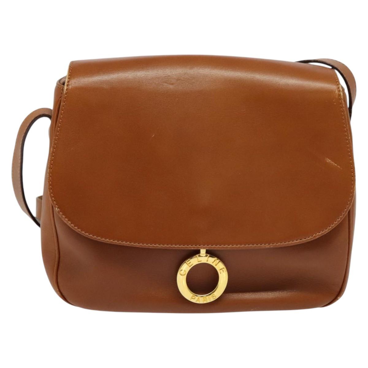 CELINE Shoulder Bag Leather Brown Gold Auth ep10441