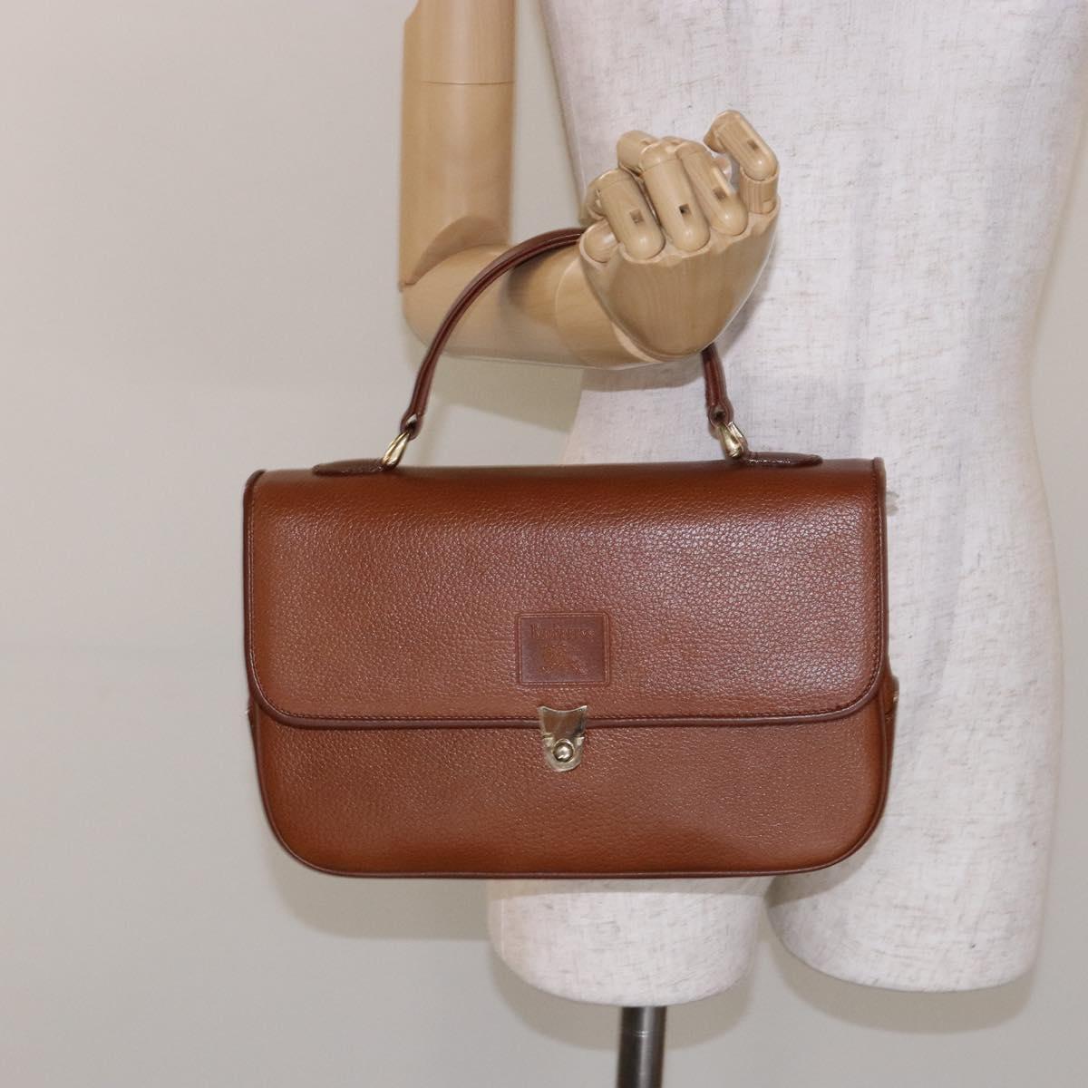 Burberrys Hand Bag Leather Brown Gold Auth ep10452