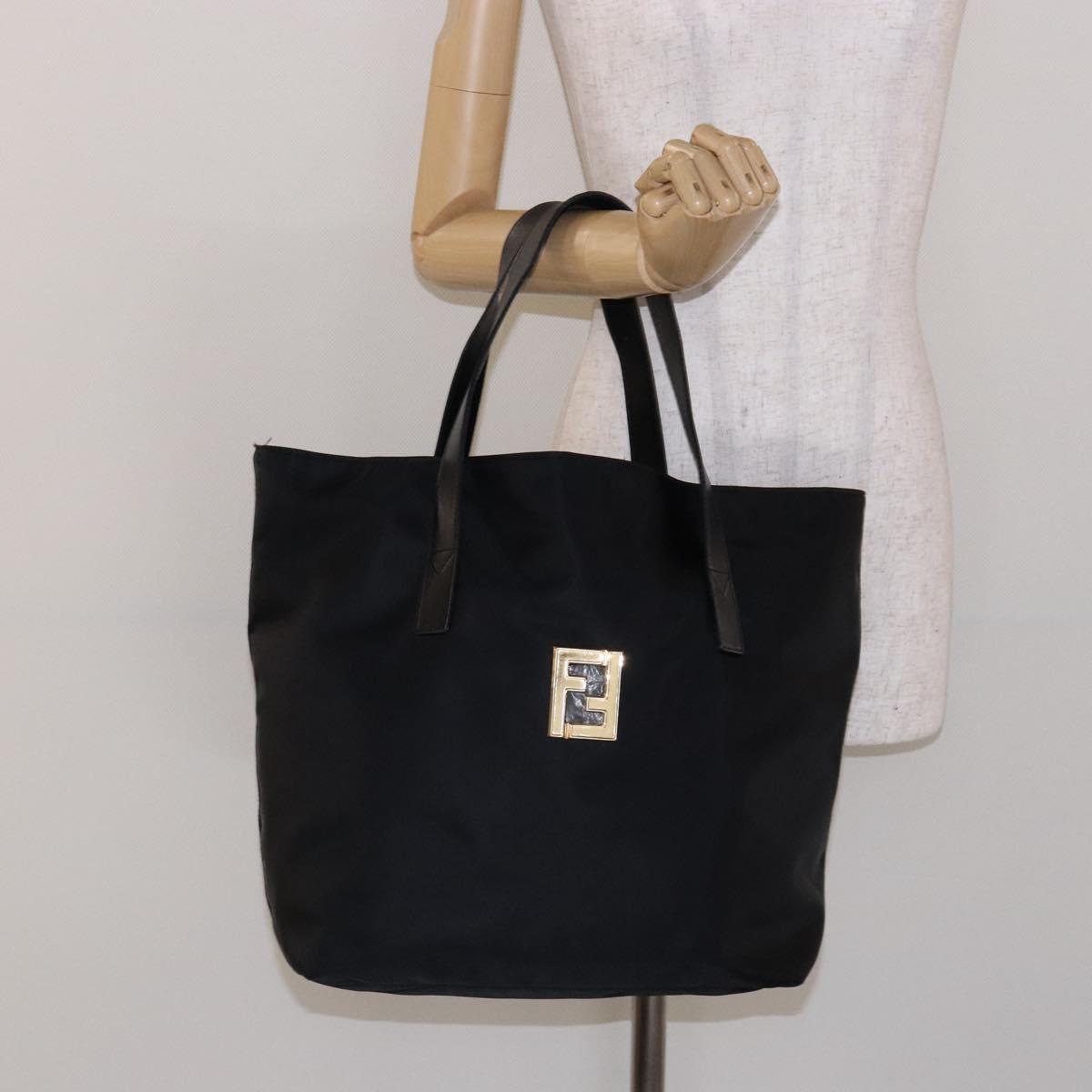 FENDI Tote Bag Nylon Black Gold Auth ep10599