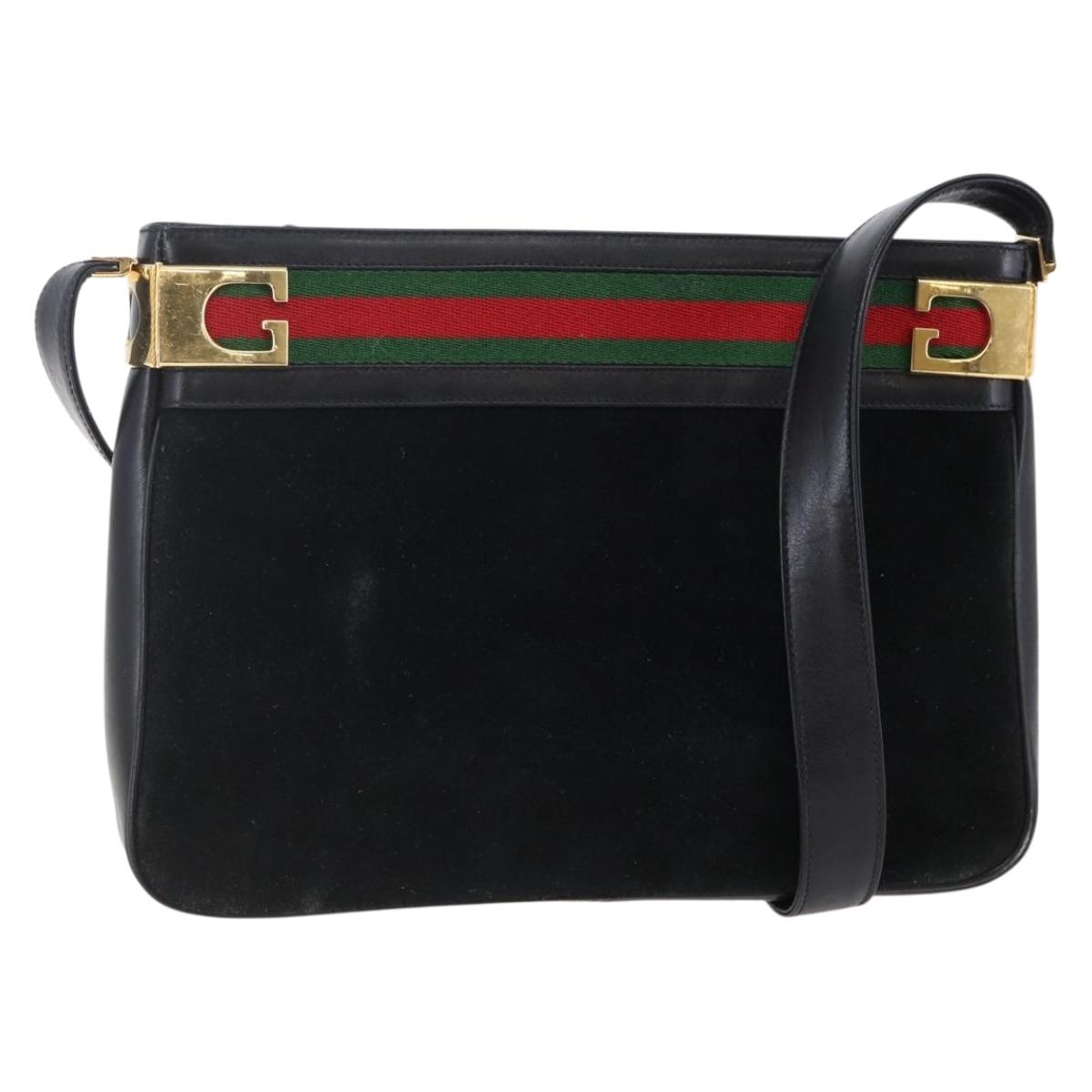 GUCCI Web Sherry Line Shoulder Bag Suede Leather Black Gold Red Auth ep10700