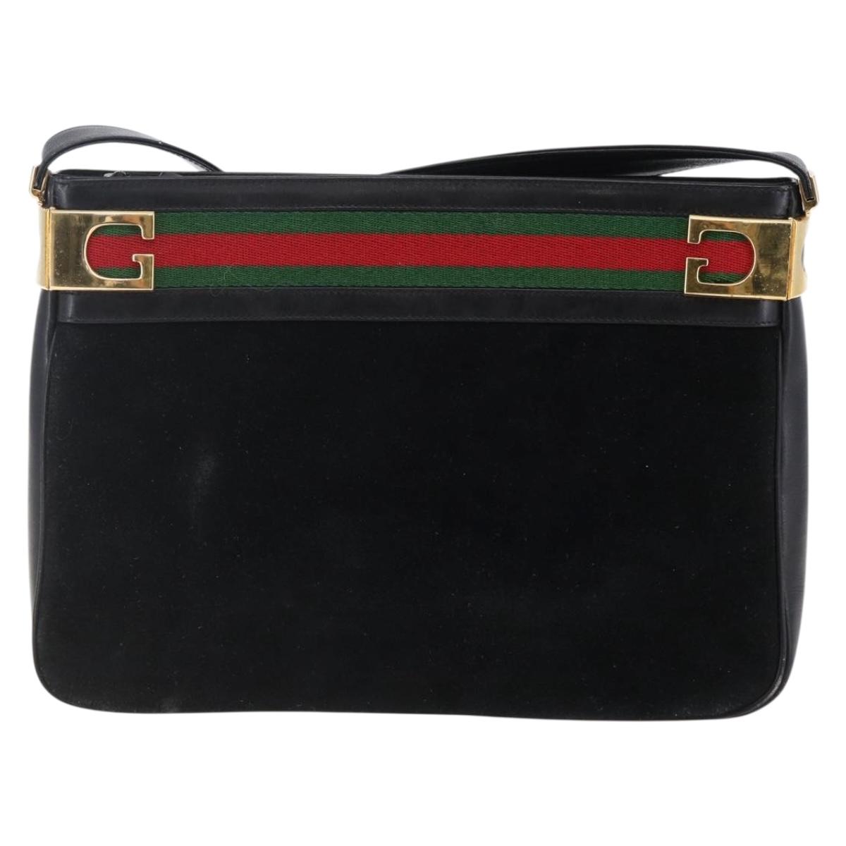 GUCCI Web Sherry Line Shoulder Bag Suede Leather Black Gold Red Auth ep10700