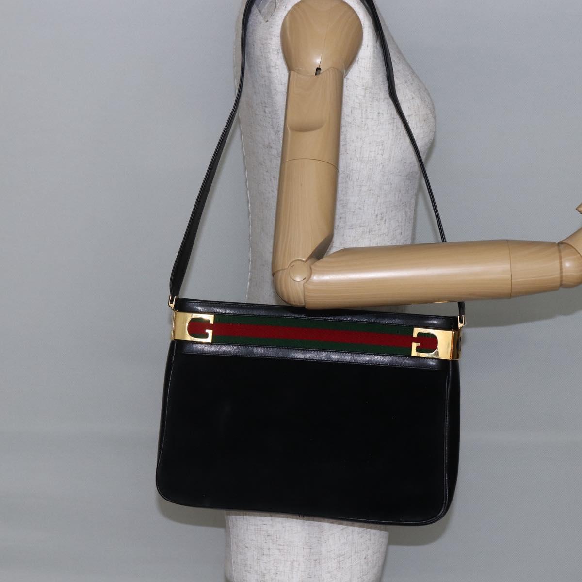 GUCCI Web Sherry Line Shoulder Bag Suede Leather Black Gold Red Auth ep10700