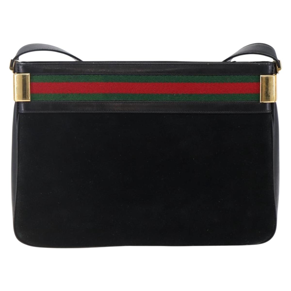 GUCCI Web Sherry Line Shoulder Bag Suede Leather Black Gold Red Auth ep10700