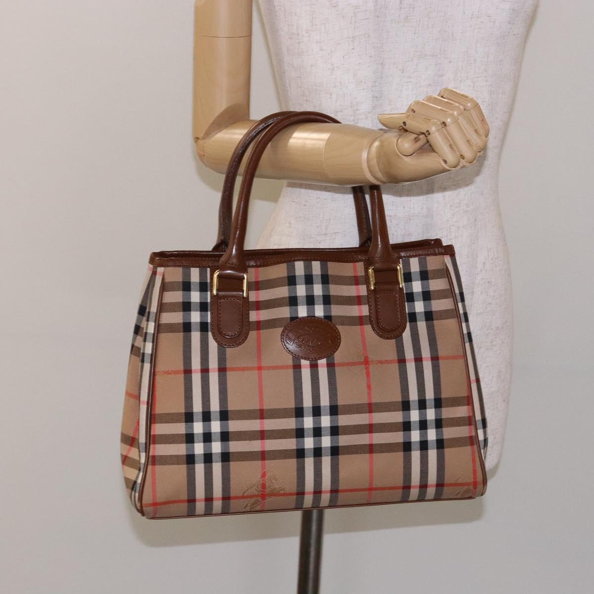 Burberrys Nova Check Hand Bag Canvas Beige Gold Auth ep10710