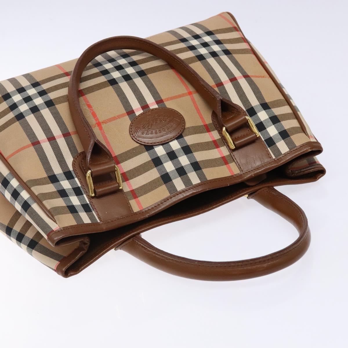 Burberrys Nova Check Hand Bag Canvas Beige Gold Auth ep10710