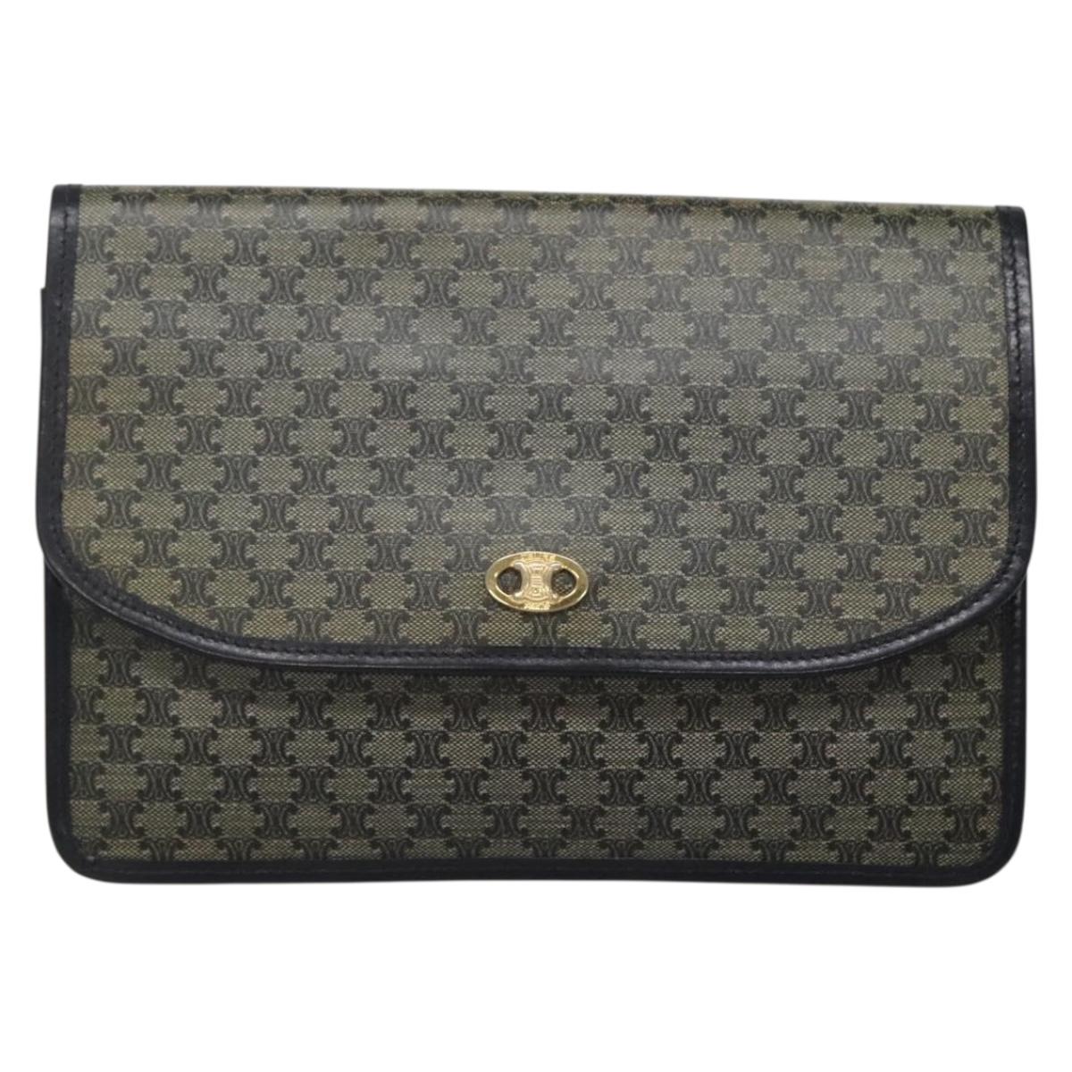 CELINE Macadam Canvas Clutch Bag PVC Navy Gold Auth ep10721