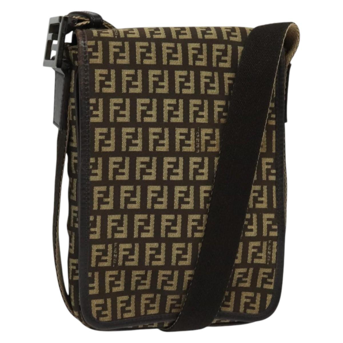 FENDI Zucchino Canvas Shoulder Bag Brown Silver Auth ep10724
