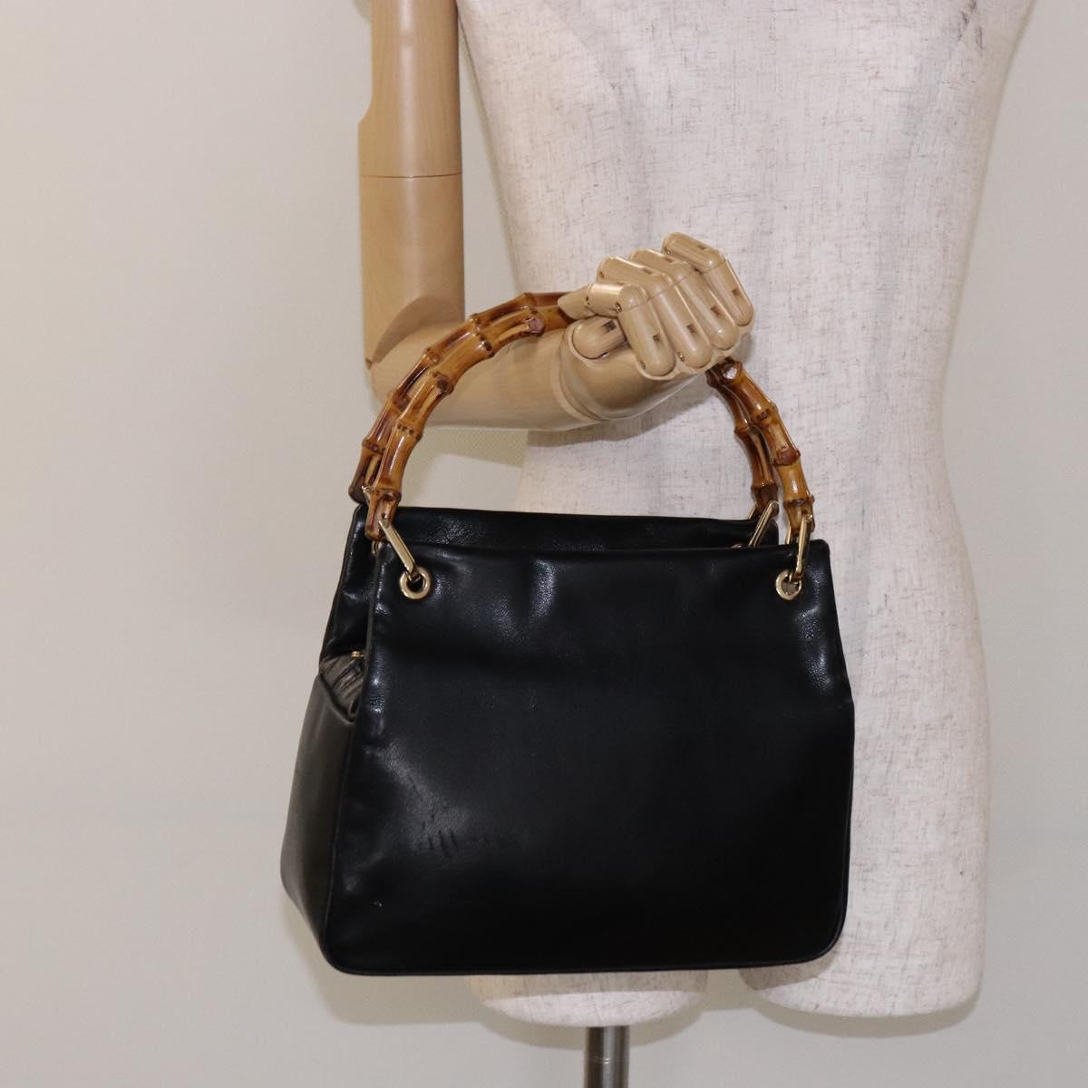 GUCCI Bamboo Hand Bag Leather Black Gold 000 3444 0575 Auth ep10729