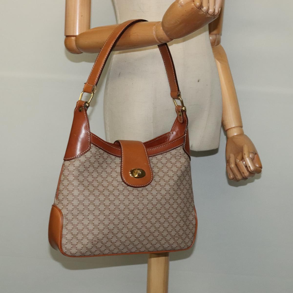 CELINE Macadam Canvas Shoulder Bag PVC Beige Gold Auth ep10790