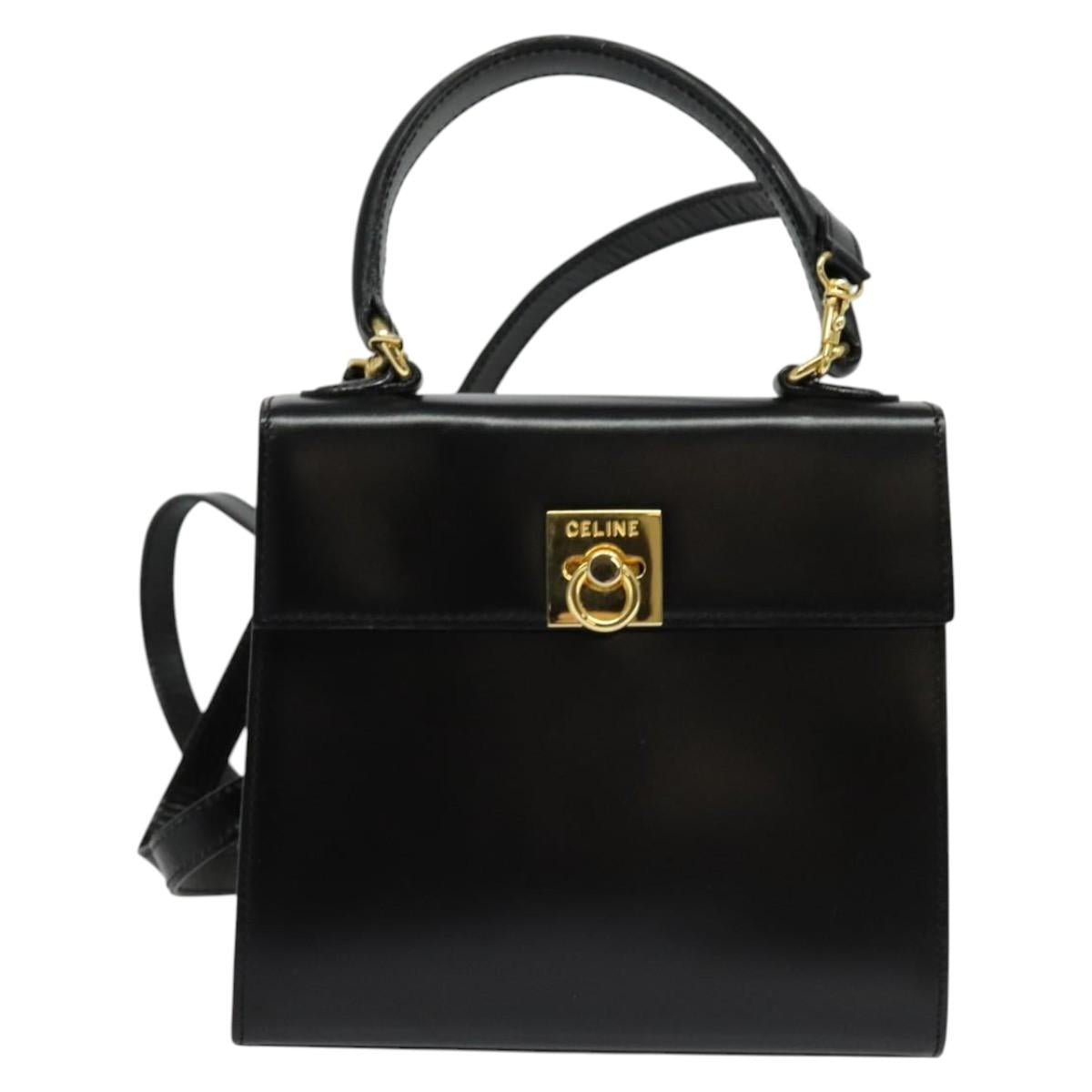 CELINE Hand Bag Leather 2way Black Gold Auth ep10800