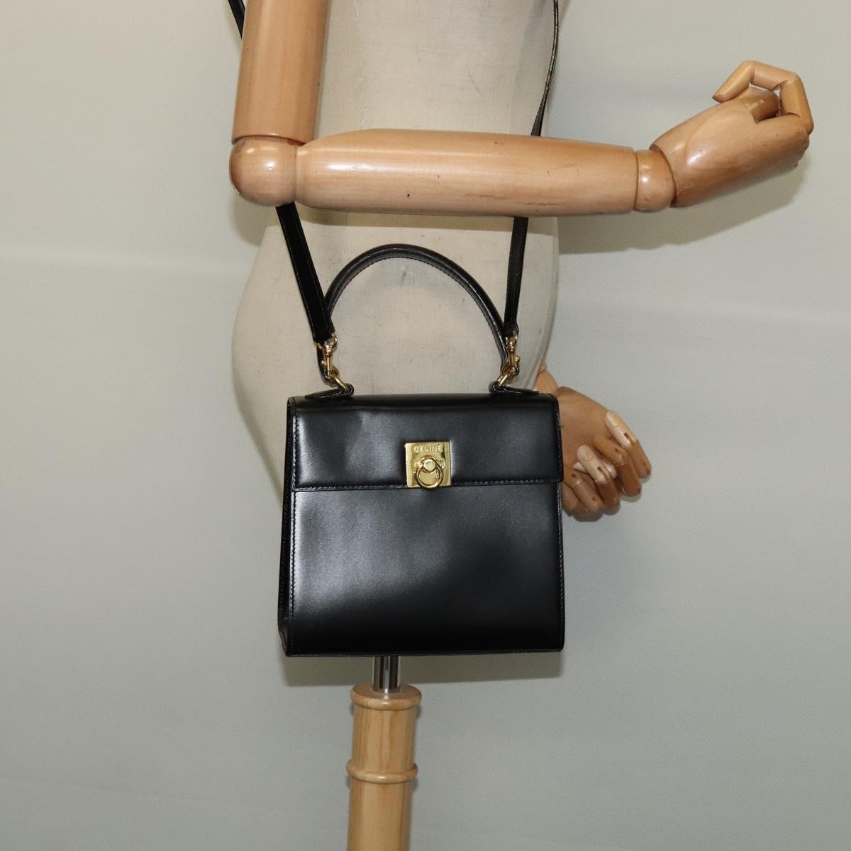 CELINE Hand Bag Leather 2way Black Gold Auth ep10800