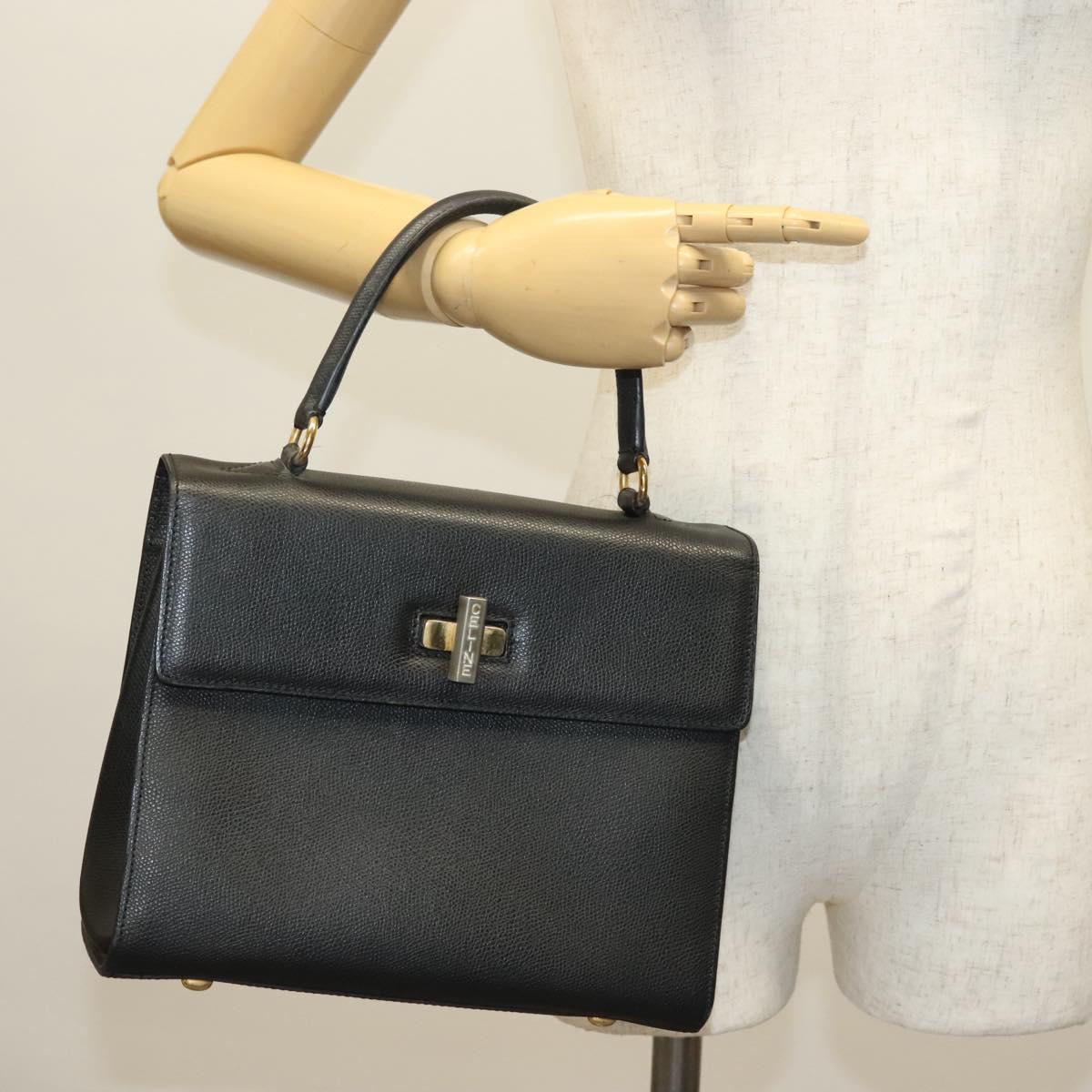 CELINE Hand Bag Leather Black Gold Auth ep10817