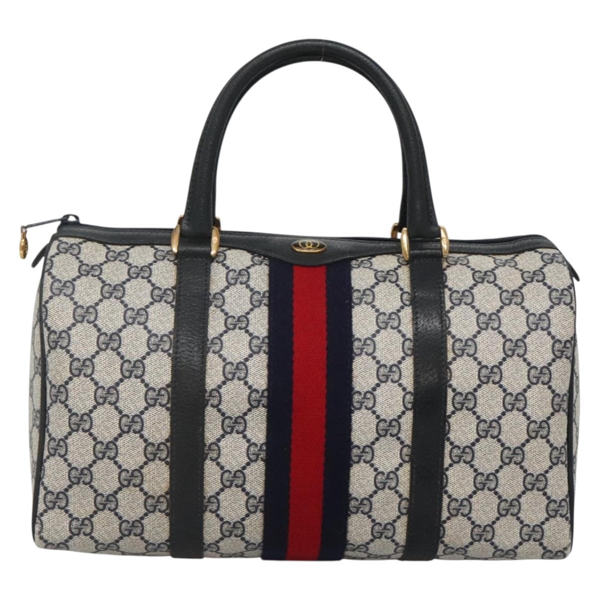 GUCCI GG Supreme Sherry Line Boston Bag PVC Navy Gold Auth ep10844