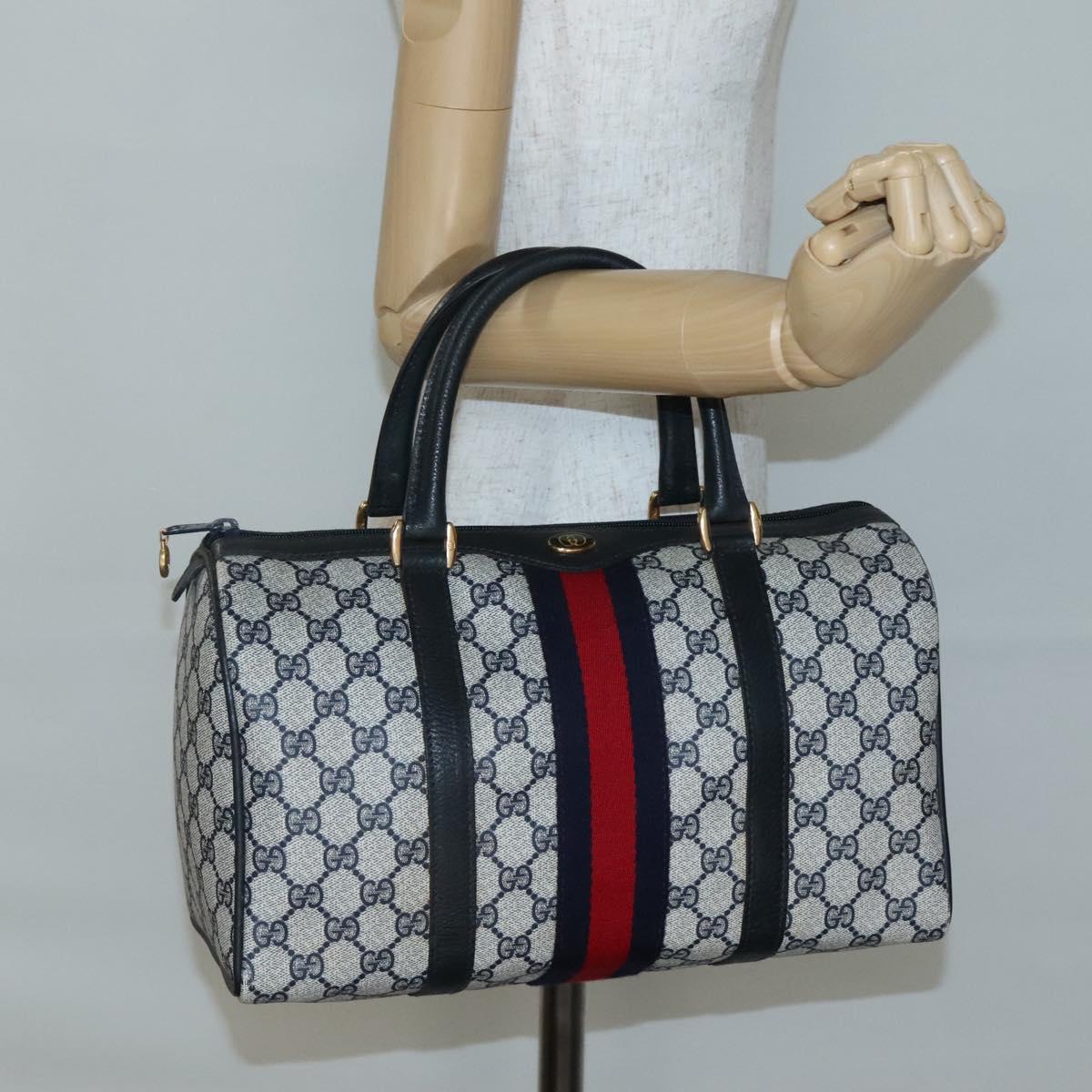 GUCCI GG Supreme Sherry Line Boston Bag PVC Navy Gold Auth ep10844