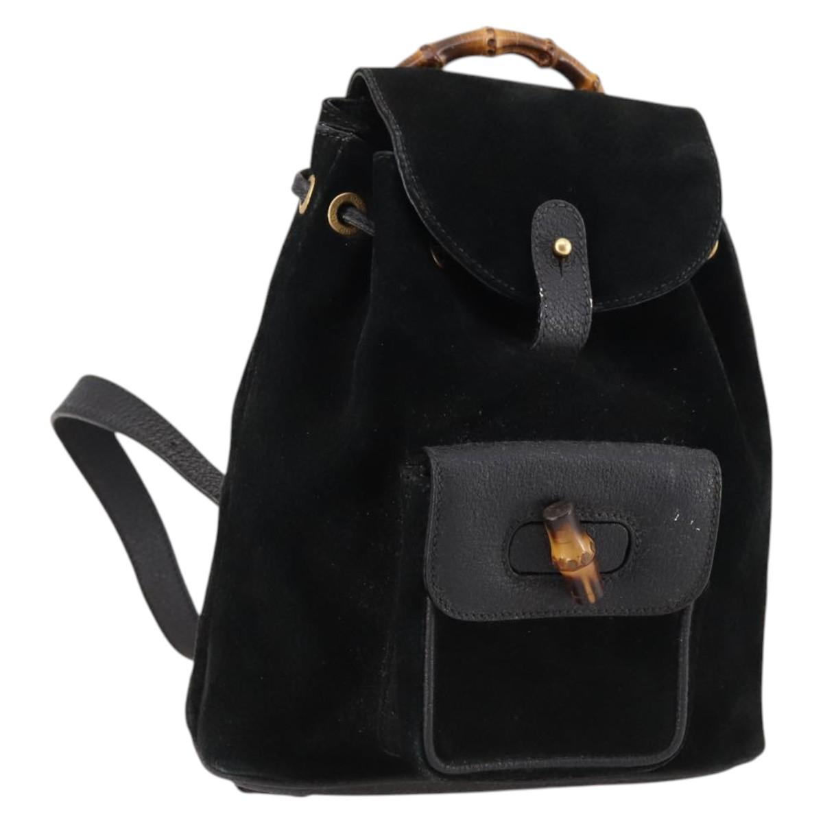 GUCCI Bamboo Backpack Suede Black Gold 003 2058 0030 Auth 
