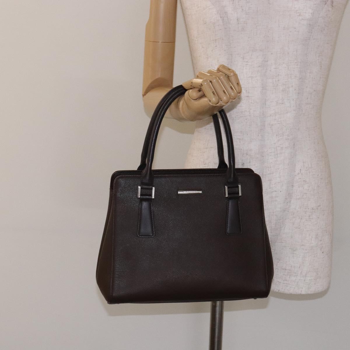 BURBERRY Hand Bag Leather Silver Brown Auth ep10861