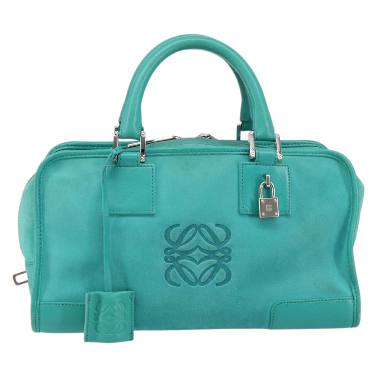 LOEWE Anagram Americana 28 Bag Suede Leather Turquoise Blue Silver Auth ep10988