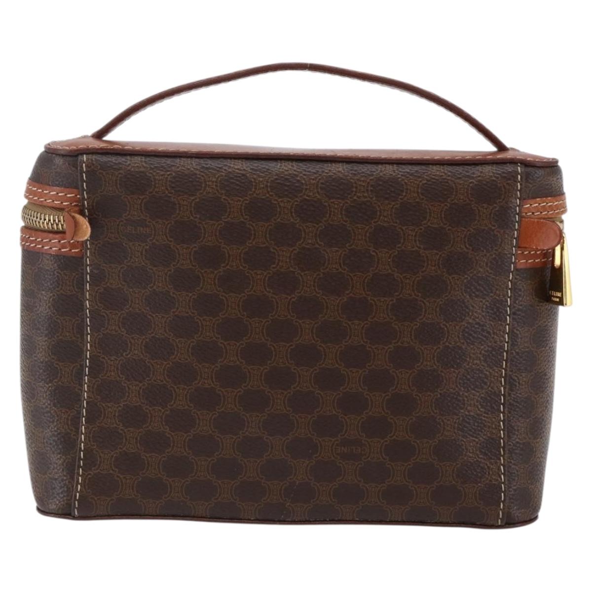 CELINE Macadam Canvas Vanity Pouch PVC Leather Brown Gold Auth ep11040