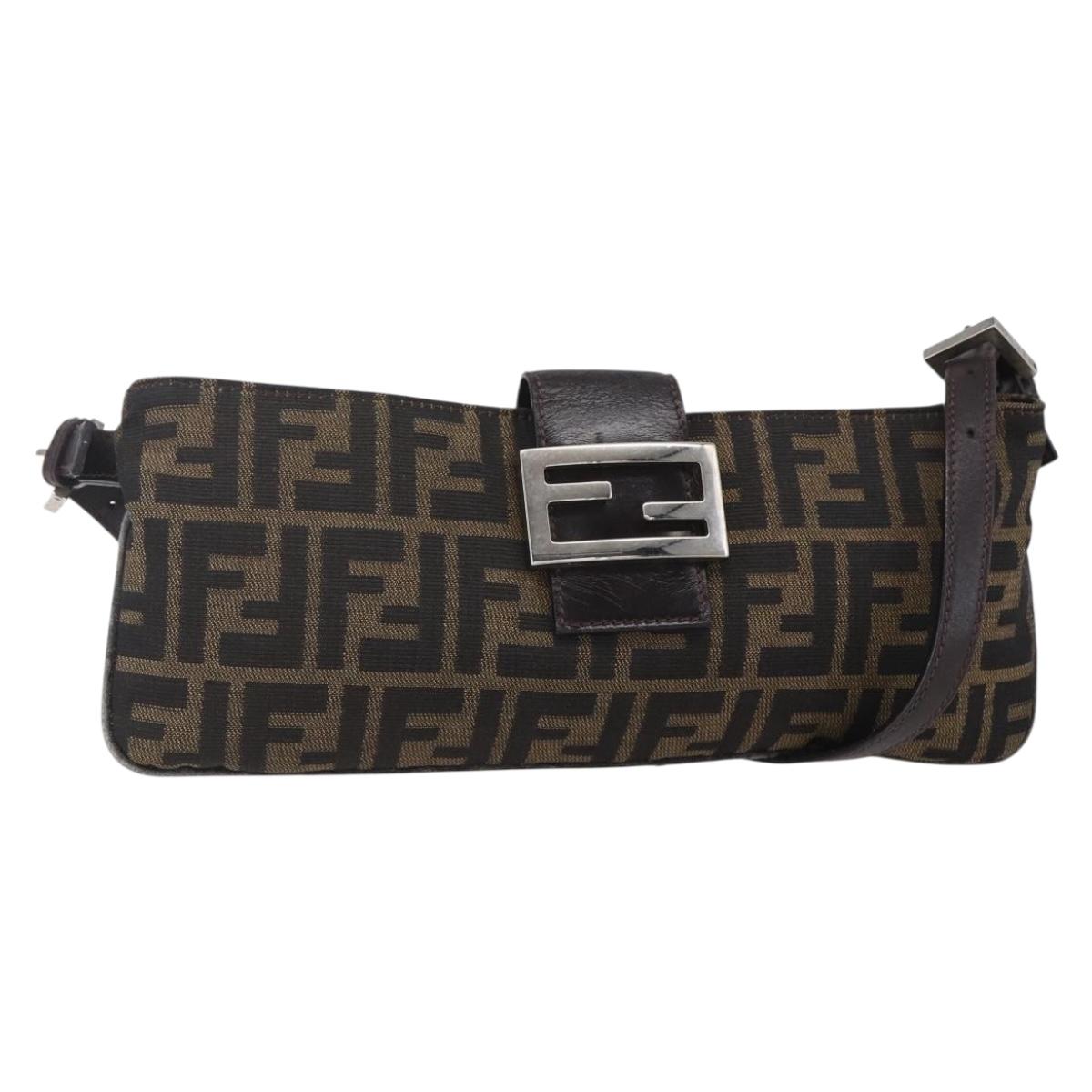 FENDI Zucca Canvas Mamma Baguette Shoulder Bag Black Brown Silver Auth ep11066