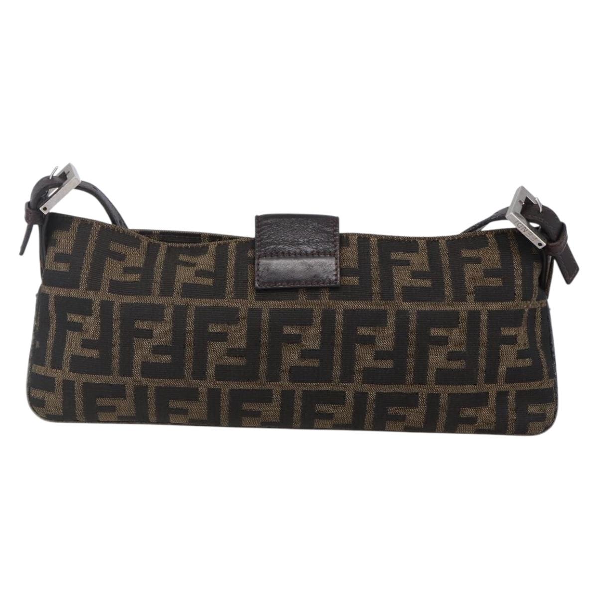 FENDI Zucca Canvas Mamma Baguette Shoulder Bag Black Brown Silver Auth ep11066