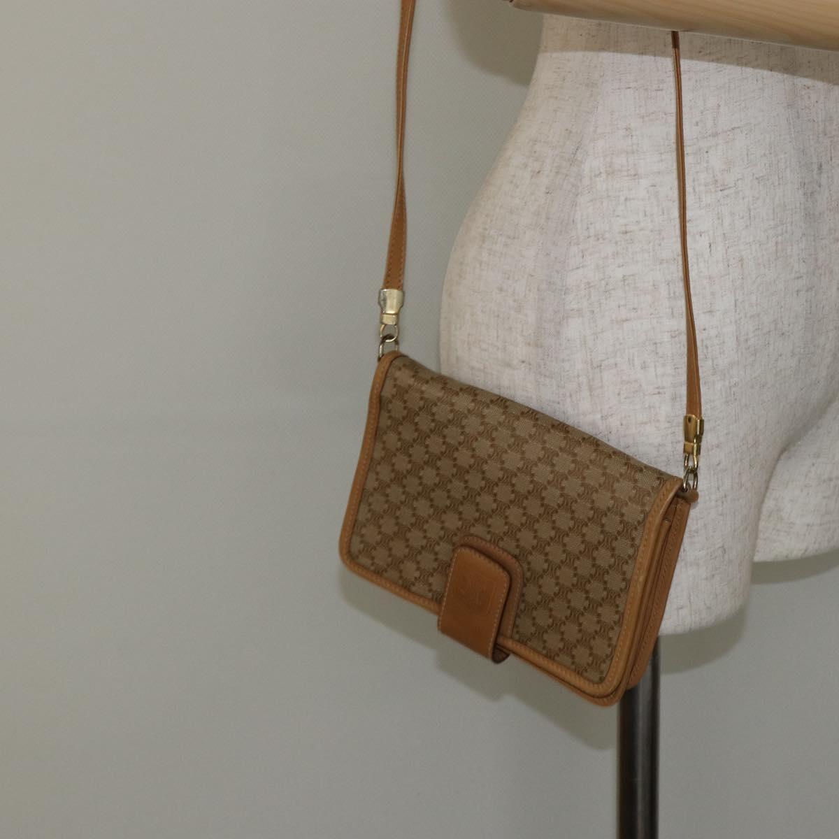 CELINE Macadam Canvas Shoulder Bag PVC Beige Gold Auth ep11127