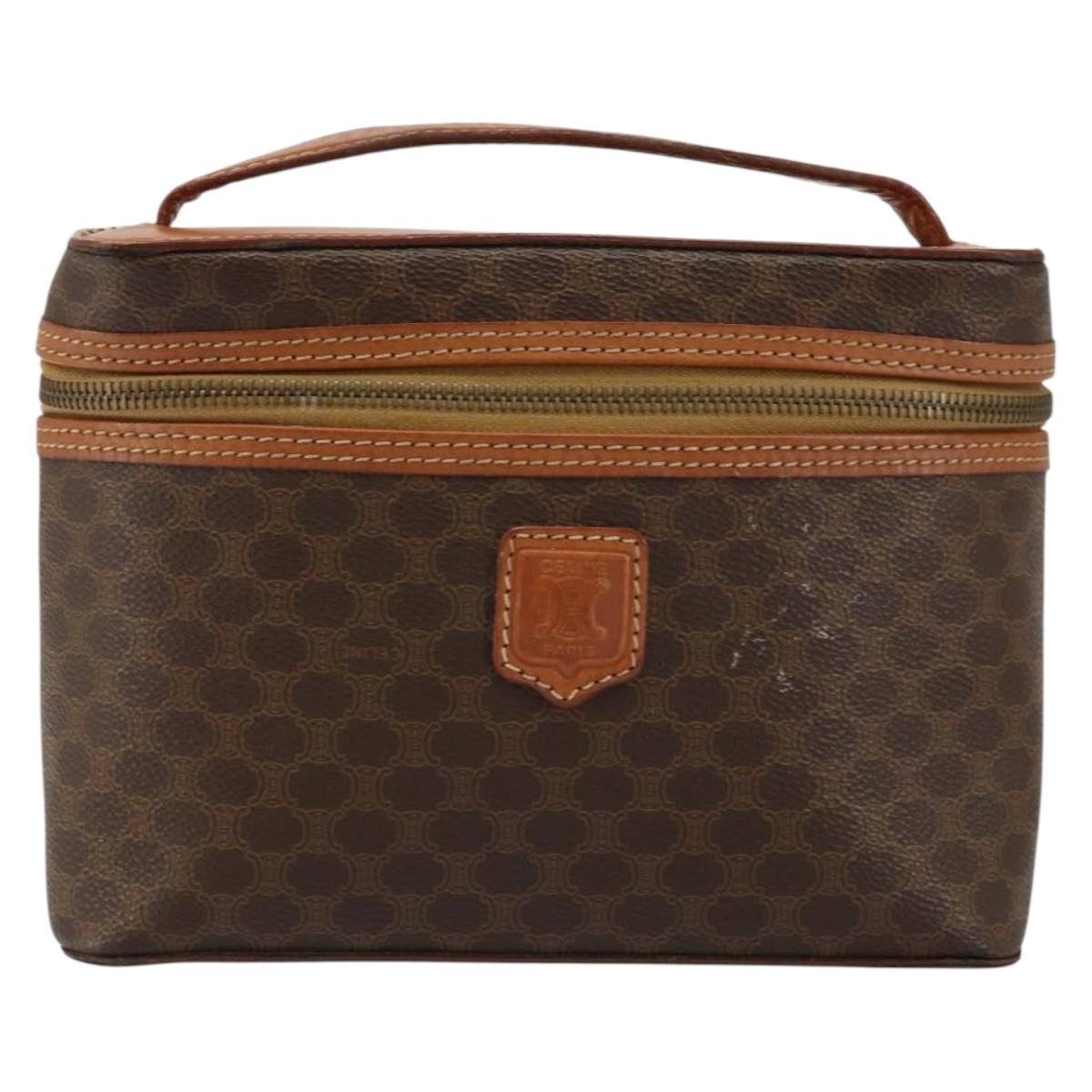 CELINE Macadam Canvas Vanity Pouch PVC Leather Brown Gold Auth ep11135