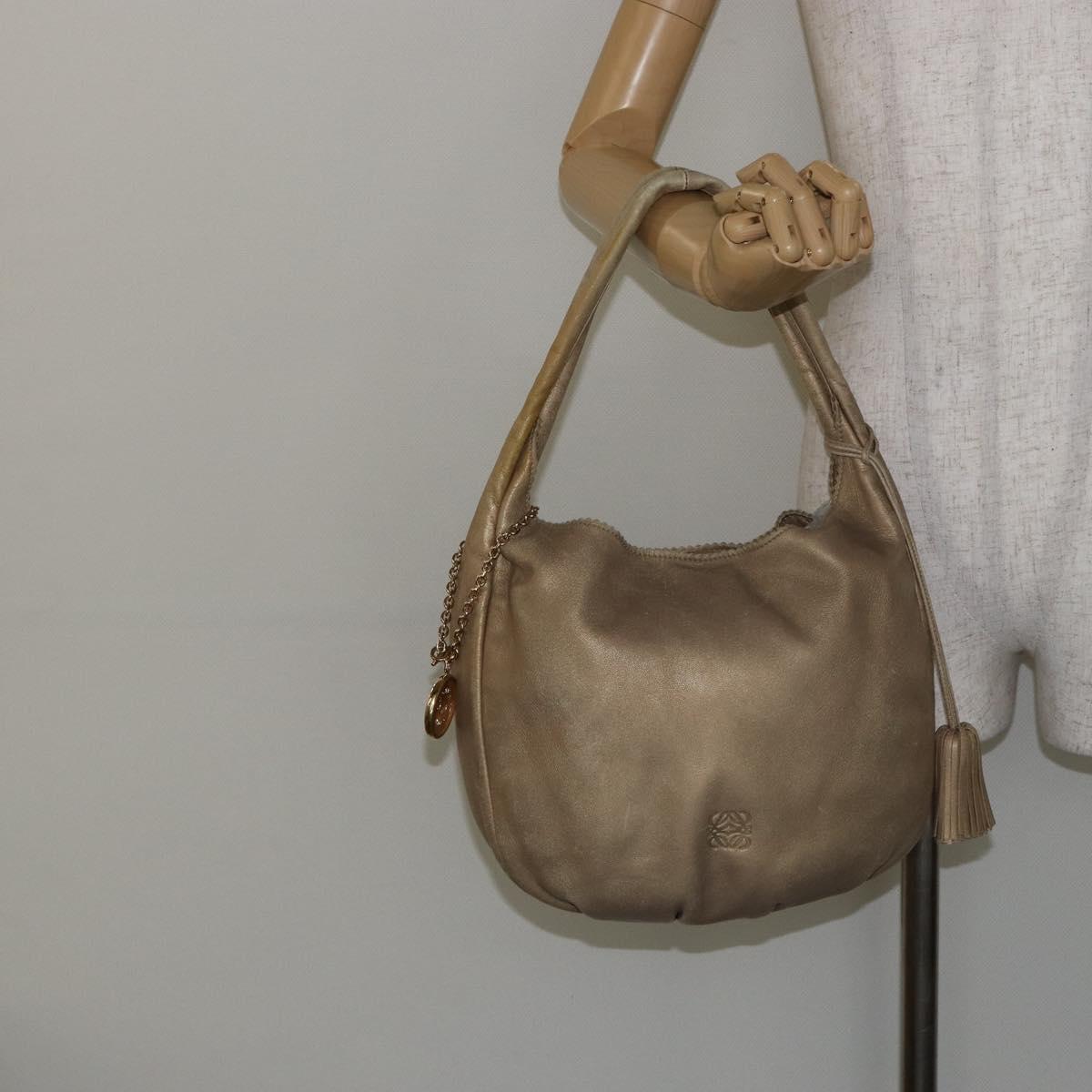 LOEWE Shoulder Bag Leather Beige Gold Auth ep11142