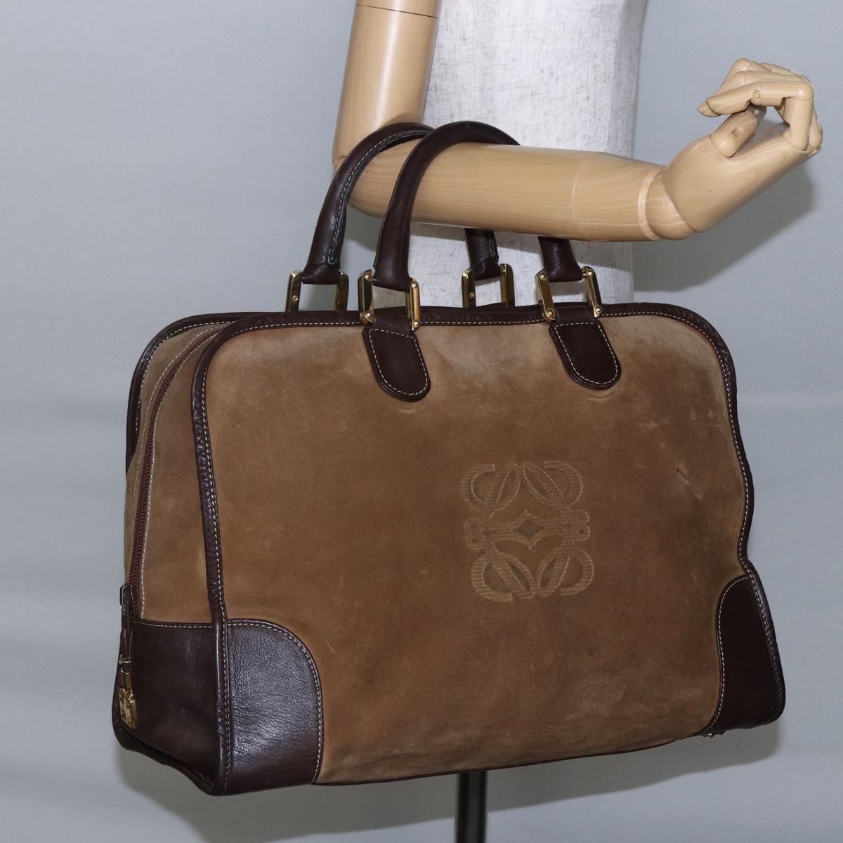 LOEWE Anagram Amazona 40 Hand Bag Suede Leather Brown Gold Auth ep11147