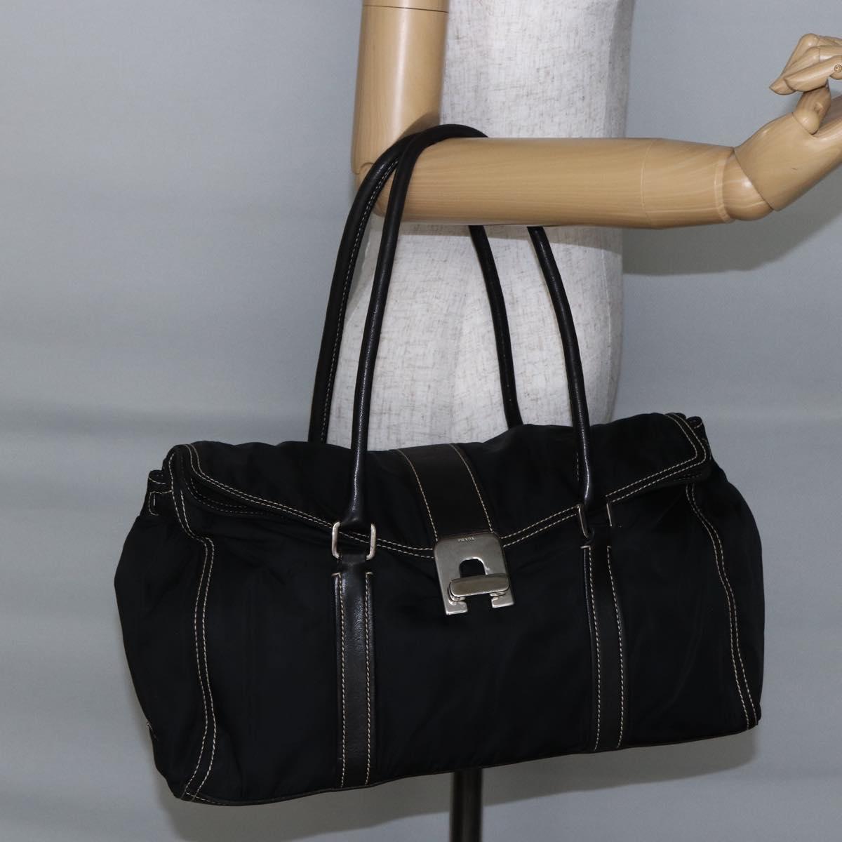 PRADA Tote Bag Nylon Black Silver Auth ep11154