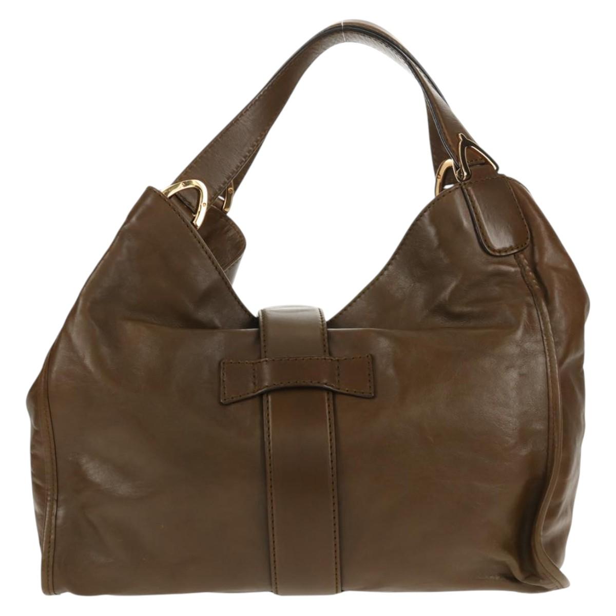 GUCCI Horsebit Shoulder Bag Leather Khaki Auth ep11163