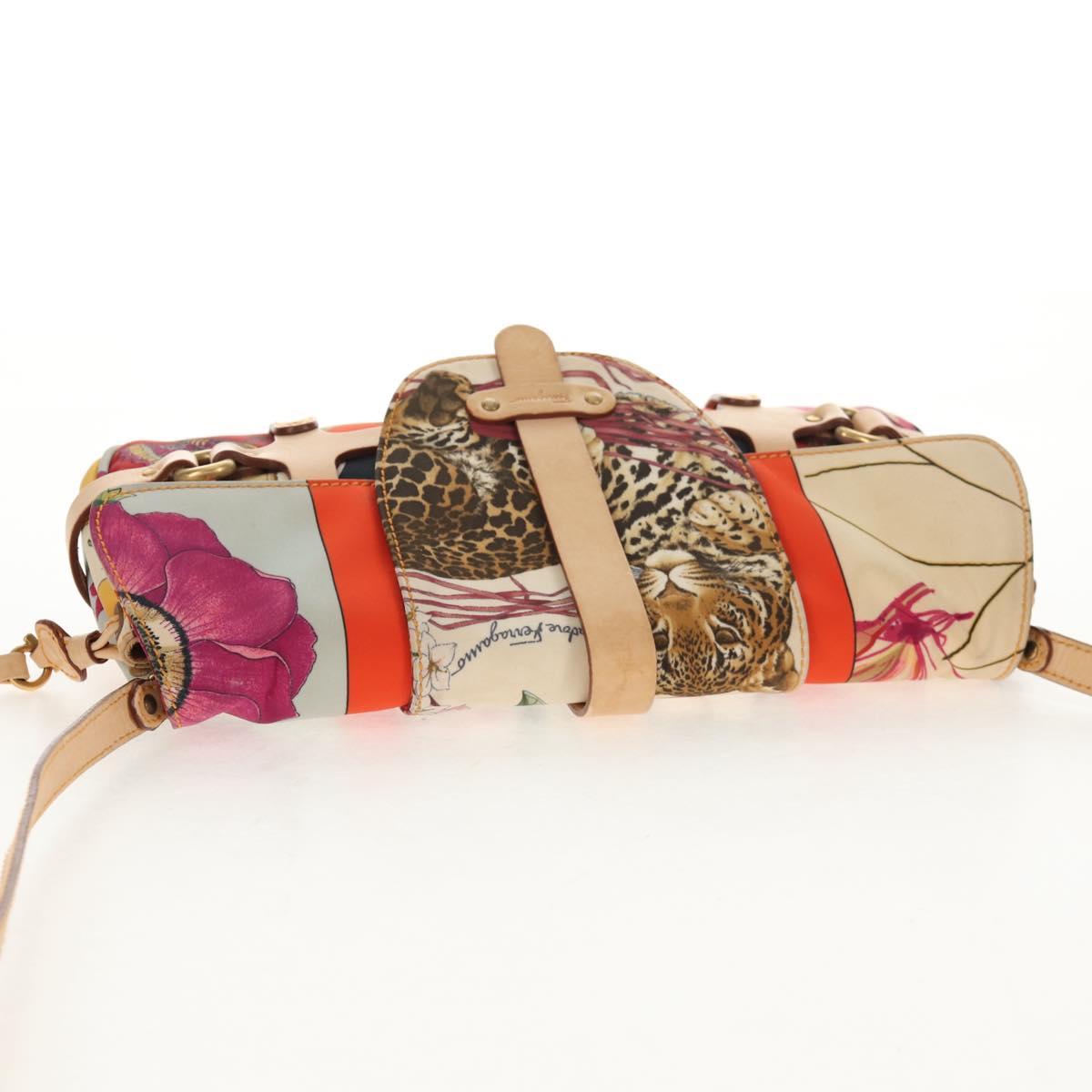 Salvatore Ferragamo Animal Pattern Shoulder Bag Nylon Leather Beige Auth ep11184