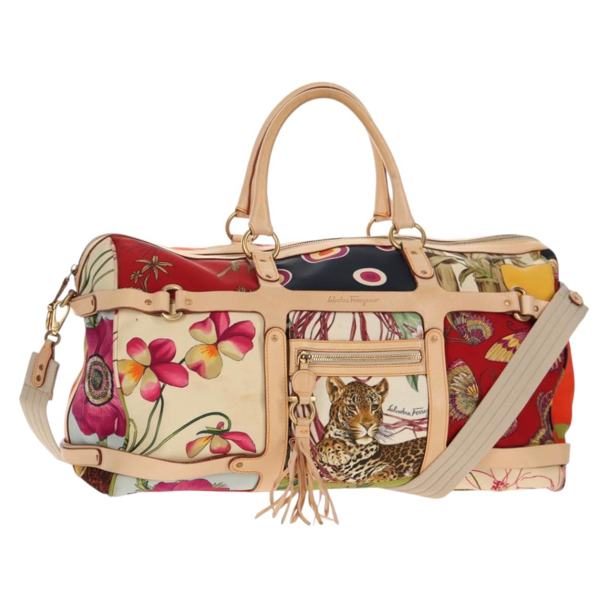 Salvatore Ferragamo Gancini Animal Boston Bag Nylon Leather Beige Auth ep11228