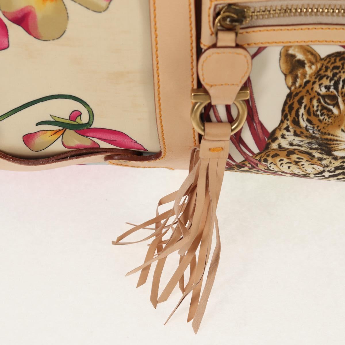 Salvatore Ferragamo Gancini Animal Boston Bag Nylon Leather Beige Auth ep11228