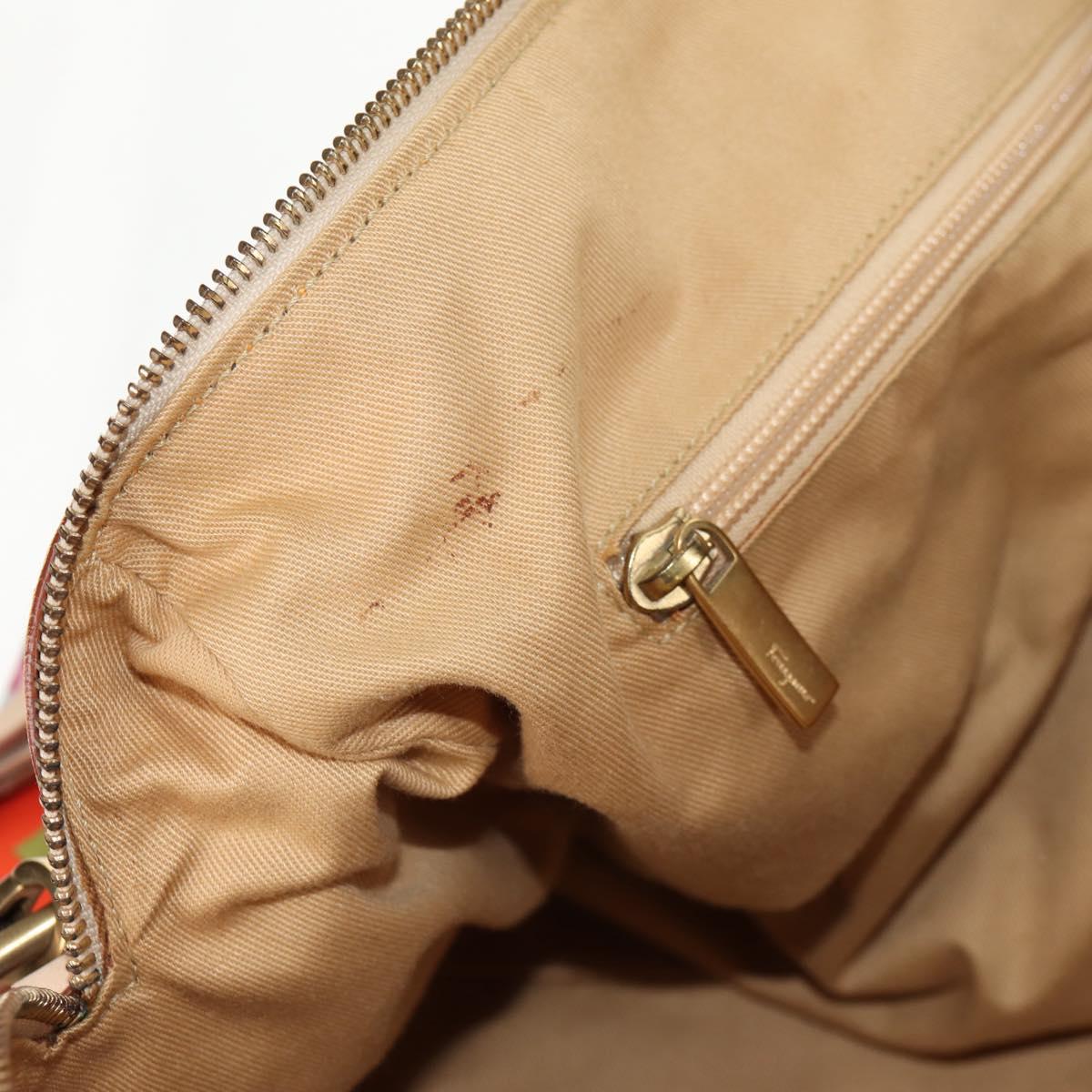 Salvatore Ferragamo Gancini Animal Boston Bag Nylon Leather Beige Auth ep11228