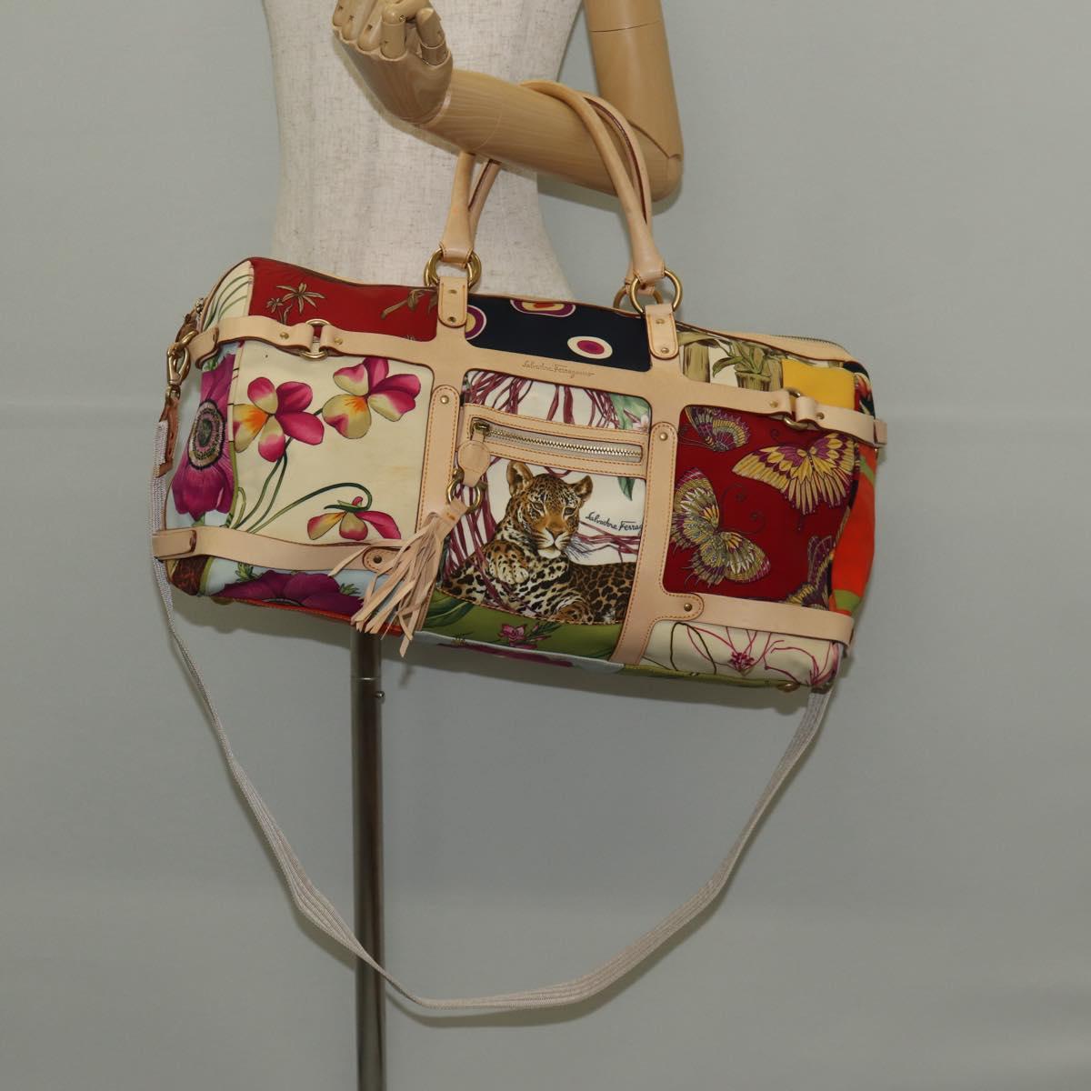 Salvatore Ferragamo Gancini Animal Boston Bag Nylon Leather Beige Auth ep11228