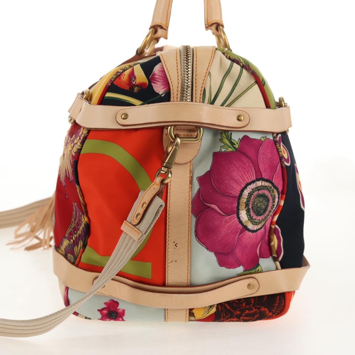 Salvatore Ferragamo Gancini Animal Boston Bag Nylon Leather Beige Auth ep11228