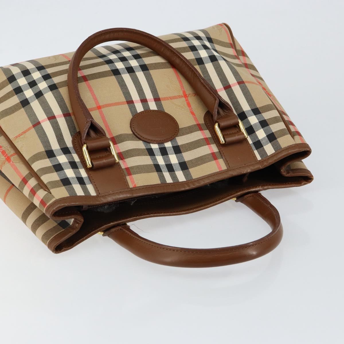 Burberrys Nova Check Hand Bag Canvas Gold Beige Auth ep11255