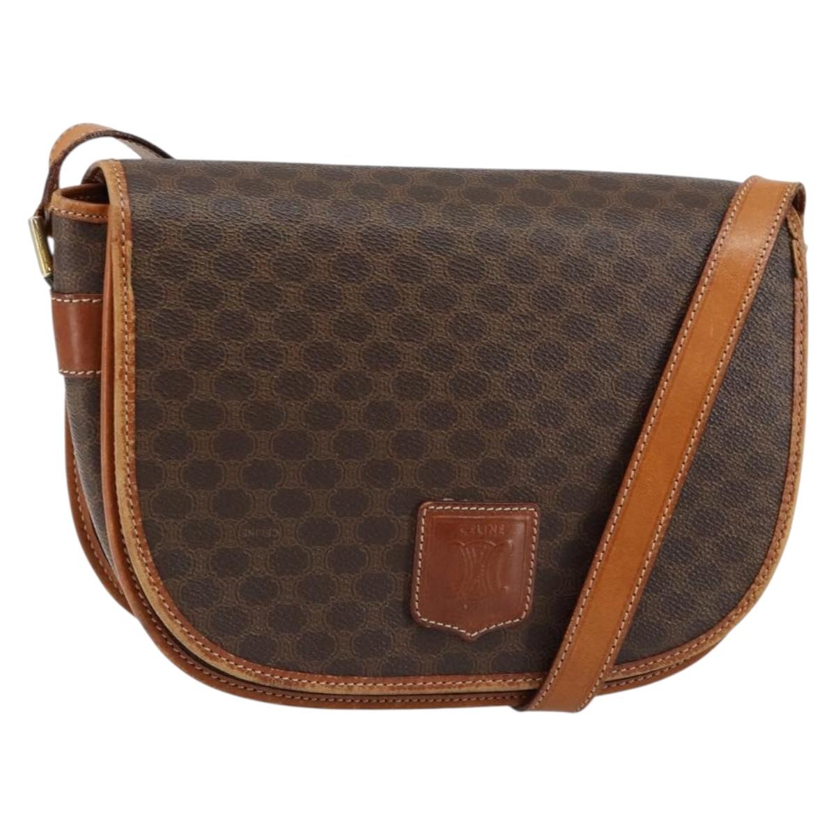 CELINE Macadam Canvas Shoulder Bag PVC Leather Brown Gold Auth ep11291